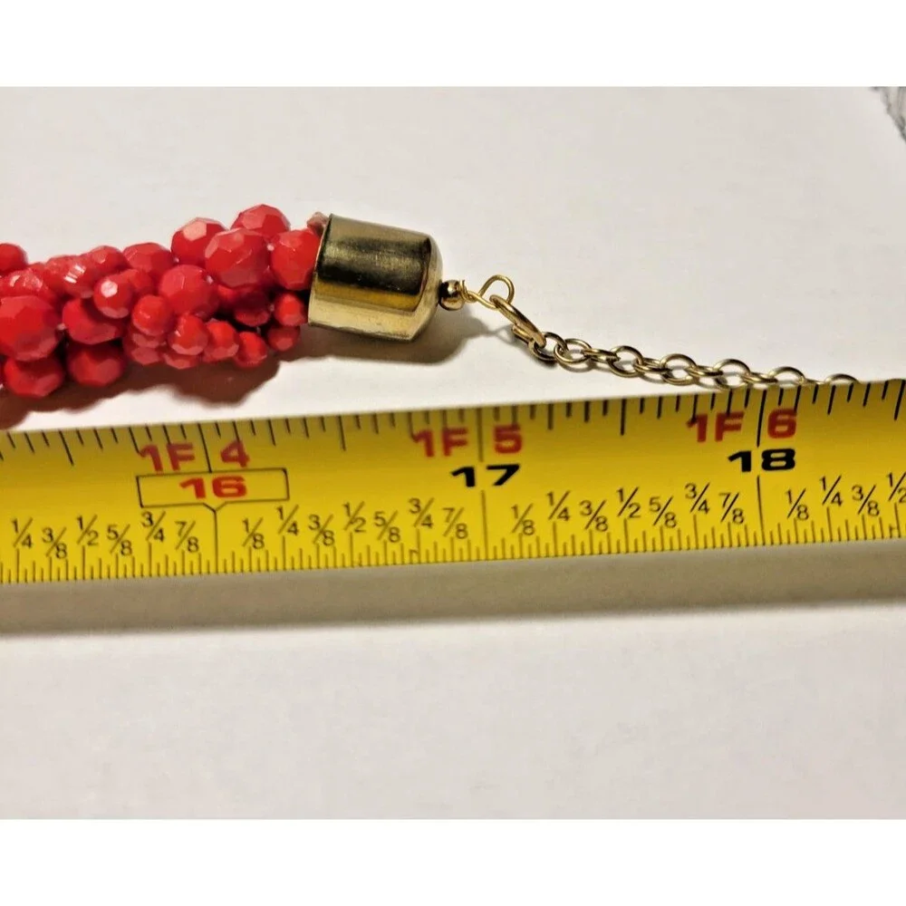 Chunky Red Statement Necklace Multi-Strand Faceted Beaded Bib Boho Festive